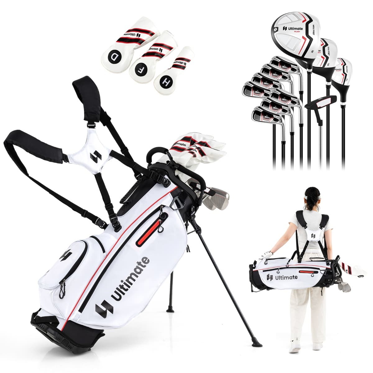 CostwaySet Complet de Clubs de Golf pour Femmes 15 Pièces Droitier avec Sac de Golf et Housse de Pluie Rouge