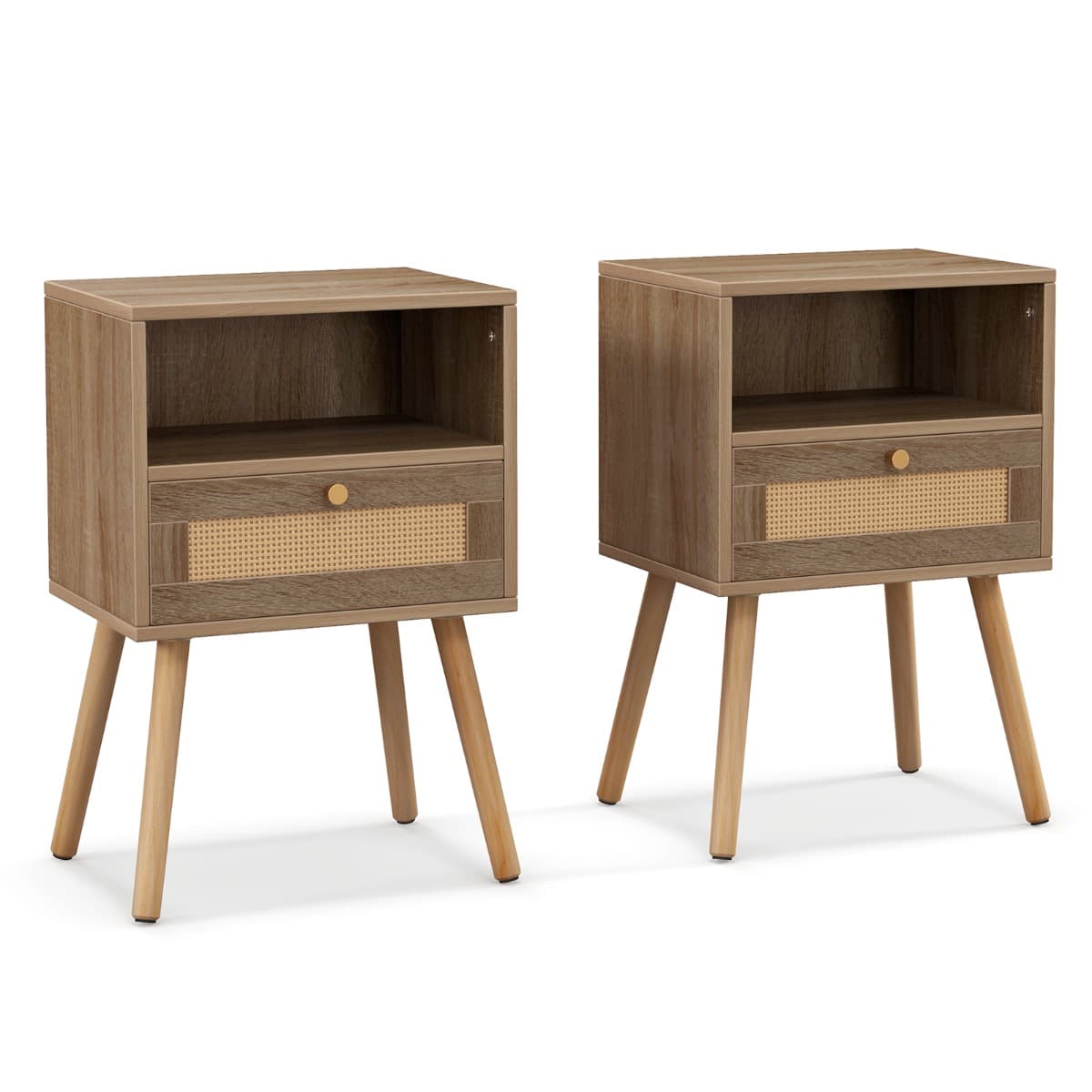 CostwayLot de 2 Tables de Chevet en Rotin Petite Table d'Appoint avec Tiroir 2 Tables de Nuit en Bois Table d'Appoint Compacte Multifonctionnelle