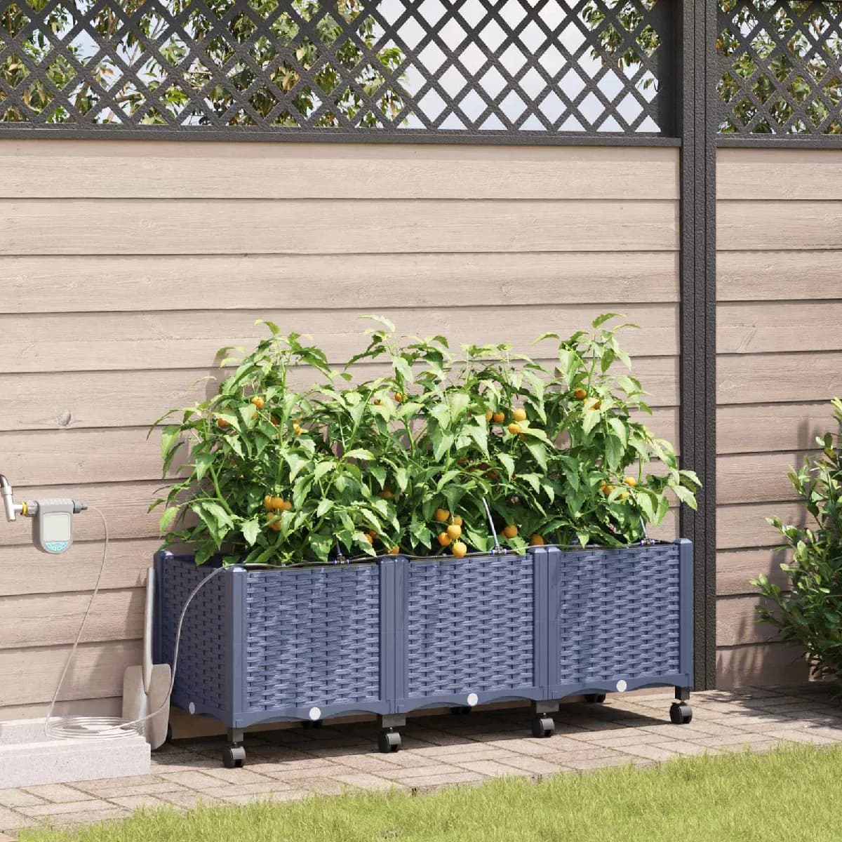 vidaXL Porte-plante de jardin avec irrigation et roues 3 pc Gris PP