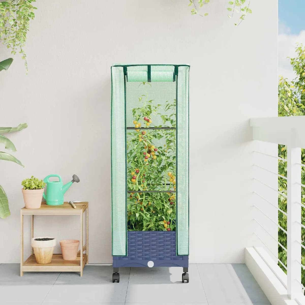 vidaXL Jardinière de jardin avec couverture de serre et roues PP