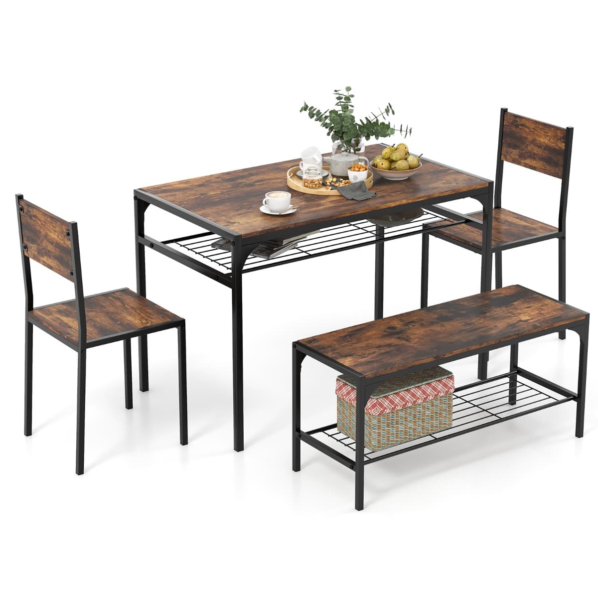 Ensemble de Salle à Manger 4 Pièces Table à Manger Industrielle Moderne avec 2 Chaises et Une Banque