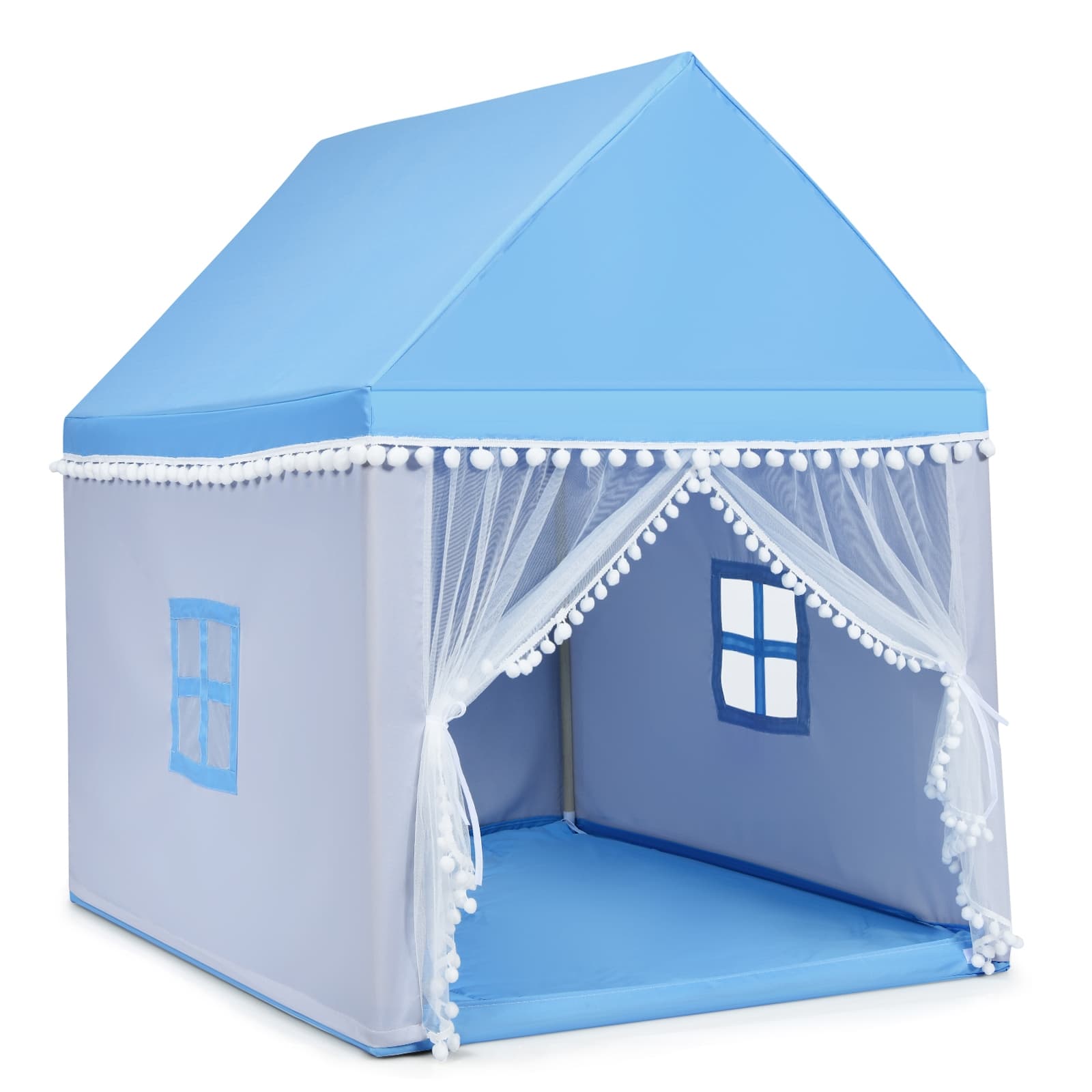 CostwayTente de Jeu Enfant Château Intérieur Cadre en Bois Couverture en Coton Bleu
