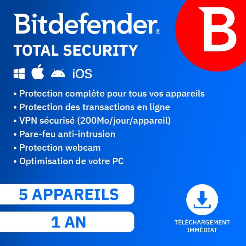 Bitdefender Total Security 2026 | Renouvellement automatique | 5 Appareils | 1 An | Téléchargement